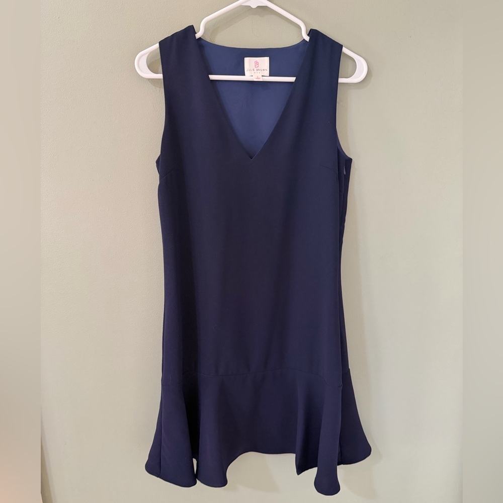 Julie Brown NYC sleeveless navy blue shift dress featuring a ruffled flounce 2
